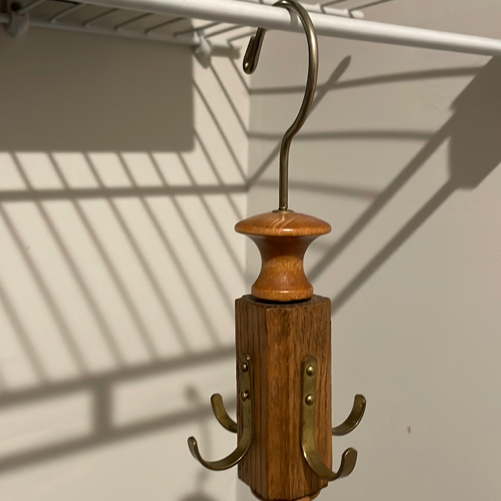 Wood and copper four prong closet accessory hanger
